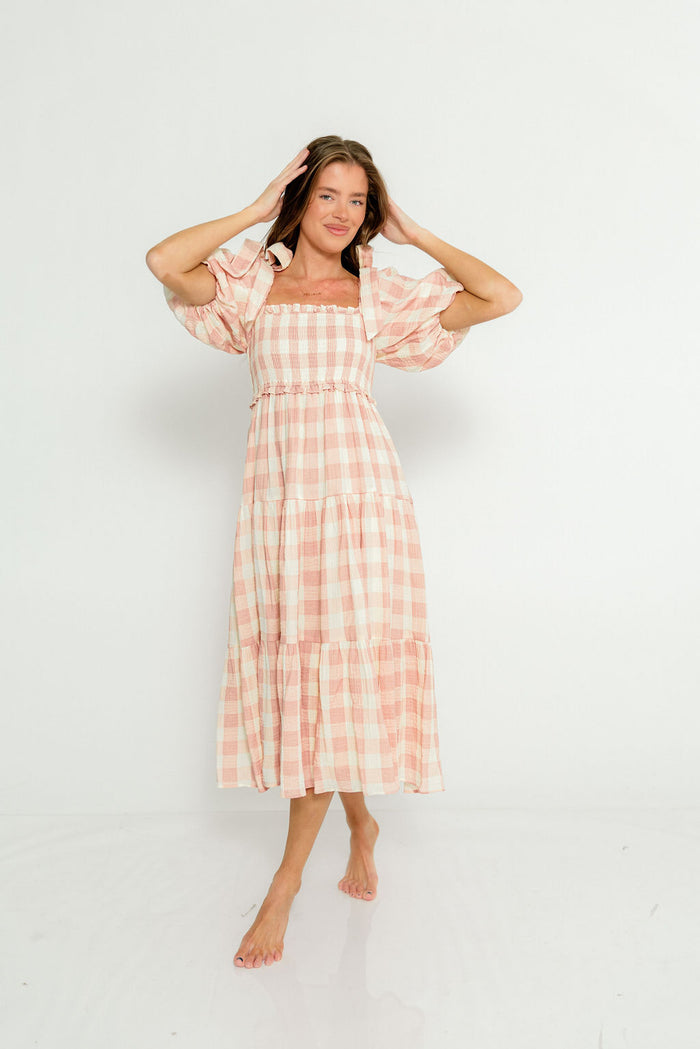 Elena 100% Cotton Gingham Midi Dress in Dusty Pink - Bump Friendly & Inclusive Sizing