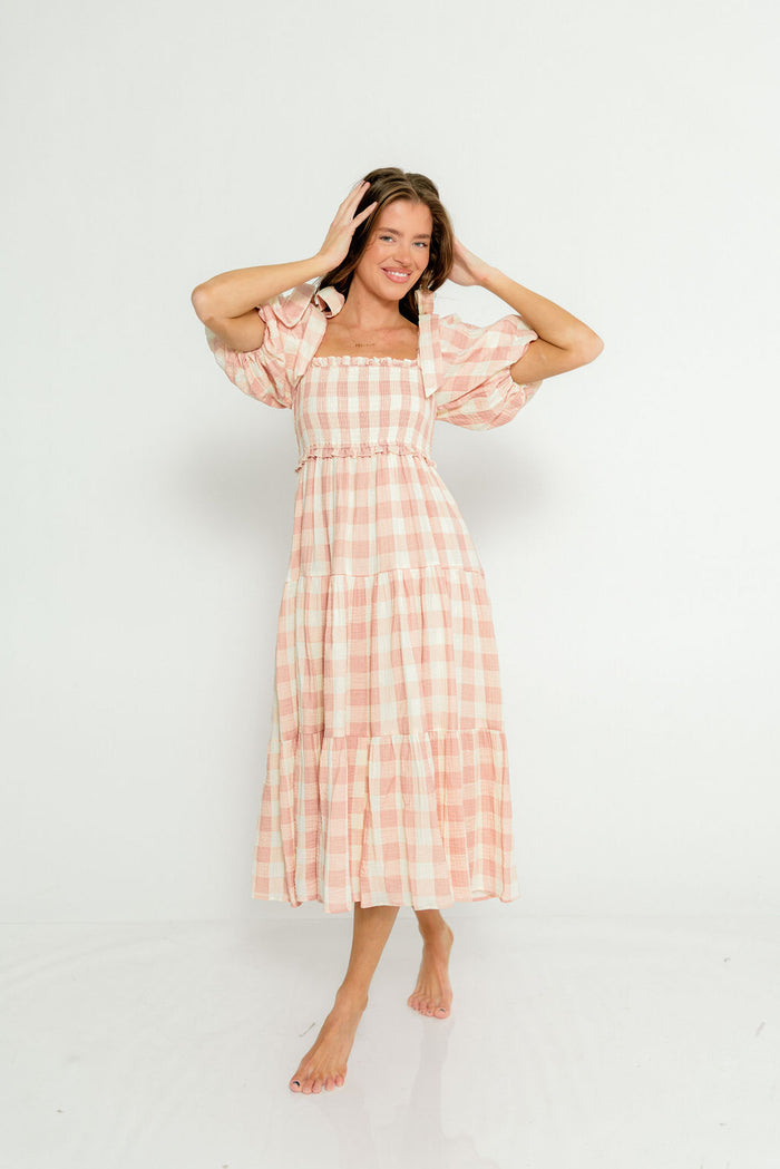 Elena 100% Cotton Gingham Midi Dress in Dusty Pink - Bump Friendly & Inclusive Sizing