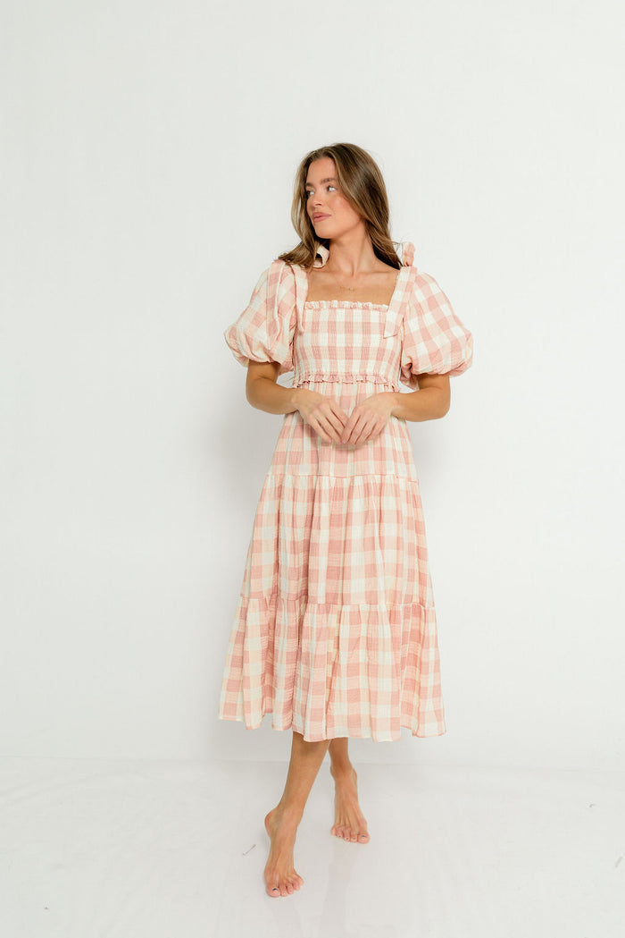 Elena 100% Cotton Gingham Midi Dress in Dusty Pink - Bump Friendly & Inclusive Sizing