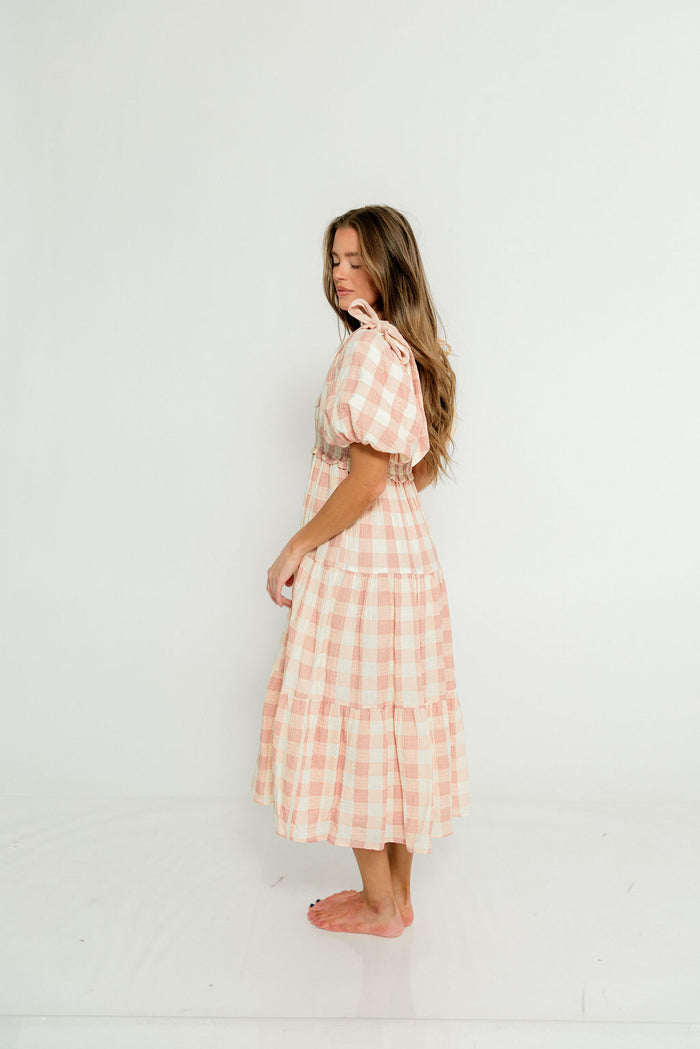 Elena 100% Cotton Gingham Midi Dress in Dusty Pink - Bump Friendly & Inclusive Sizing