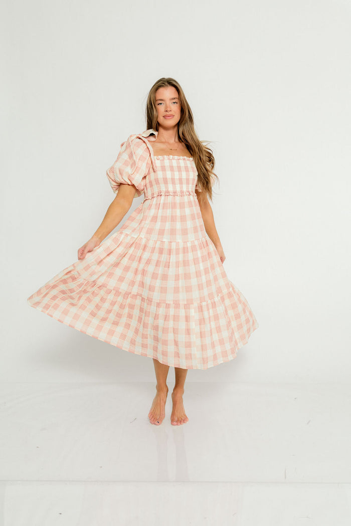 Elena 100% Cotton Gingham Midi Dress in Dusty Pink - Bump Friendly & Inclusive Sizing