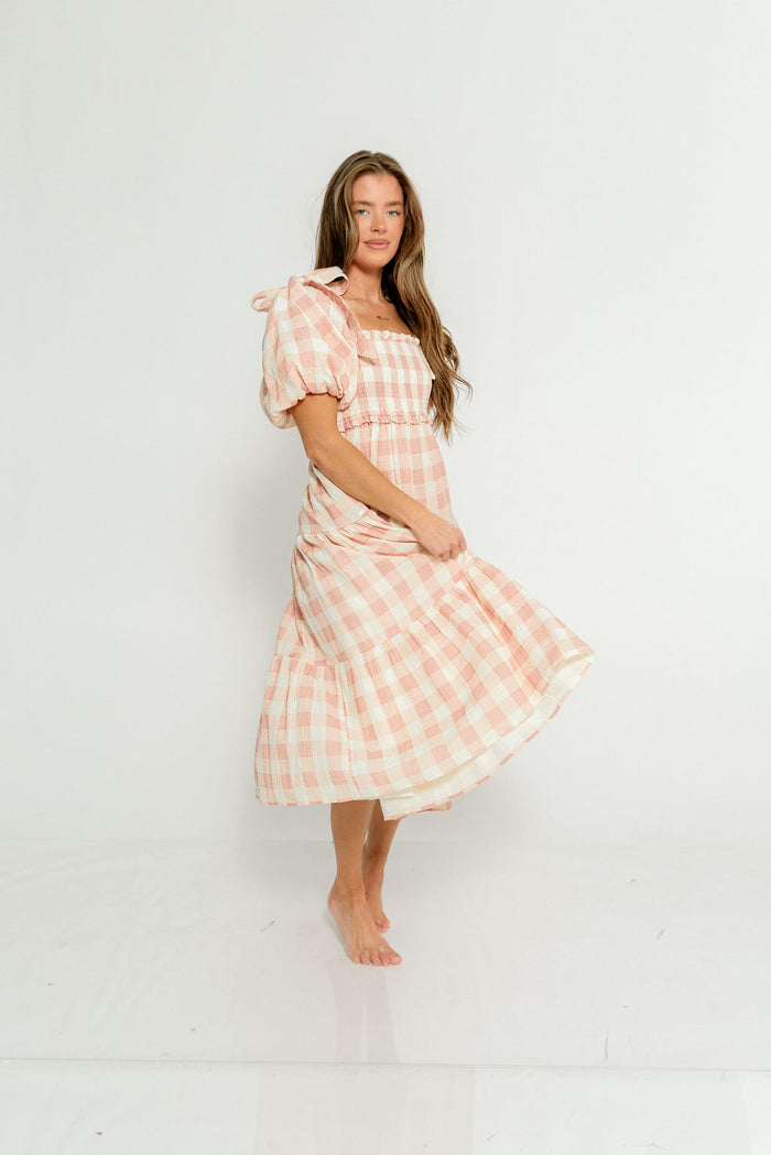 Elena 100% Cotton Gingham Midi Dress in Dusty Pink - Bump Friendly & Inclusive Sizing
