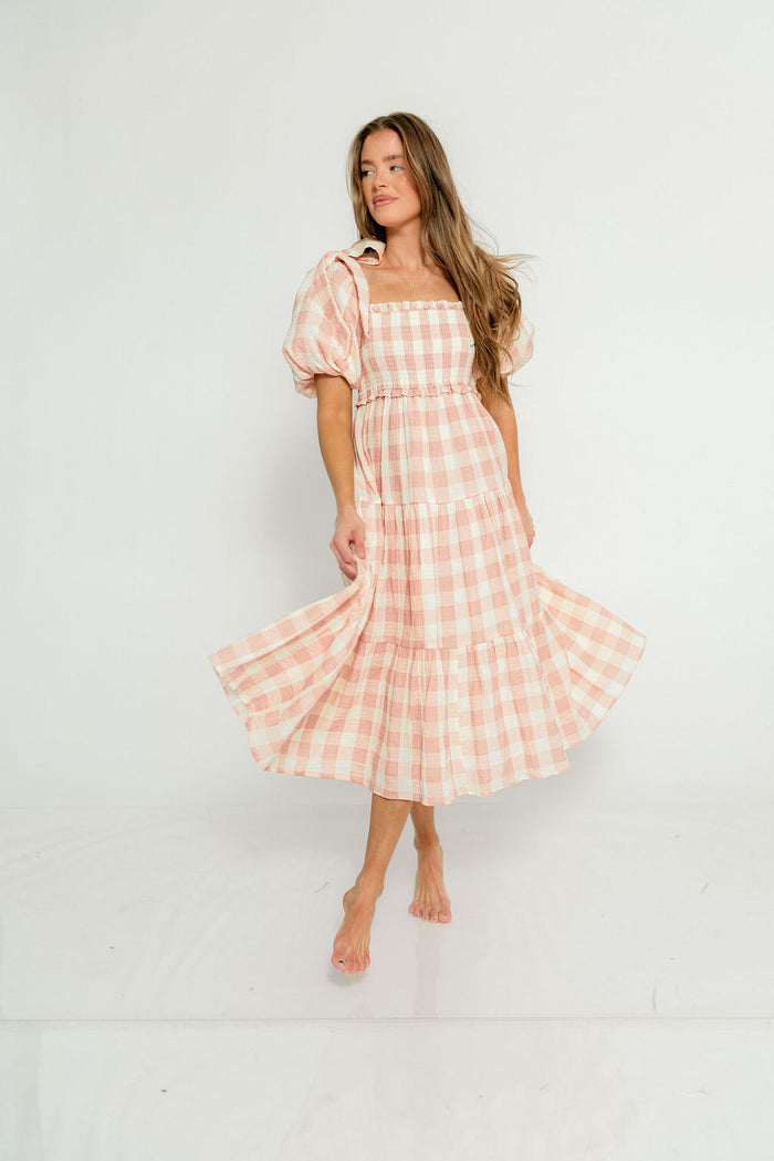 Elena 100% Cotton Gingham Midi Dress in Dusty Pink - Bump Friendly & Inclusive Sizing