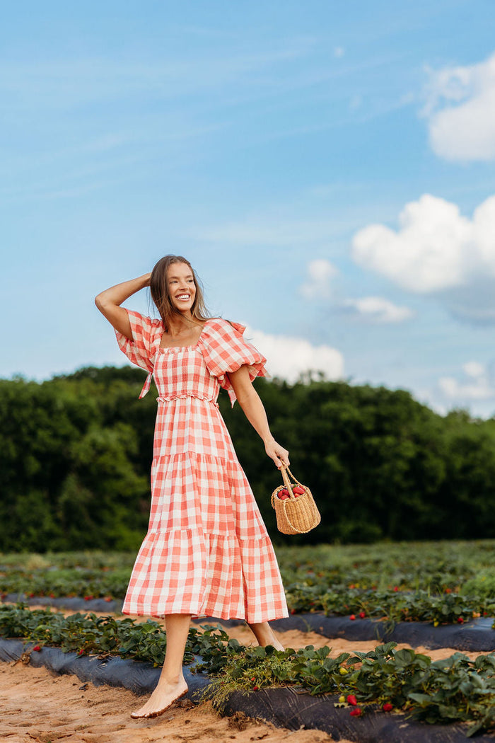 Elena 100% Cotton Gingham Midi Dress in Red - Bump Friendly