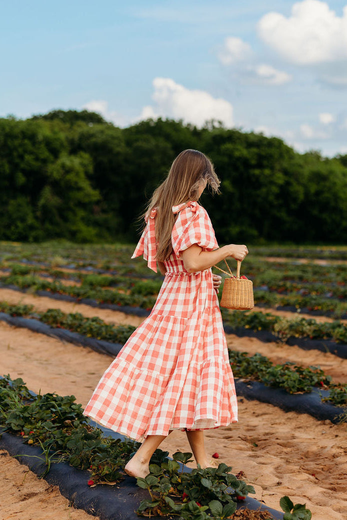 Elena 100% Cotton Gingham Midi Dress in Red - Bump Friendly