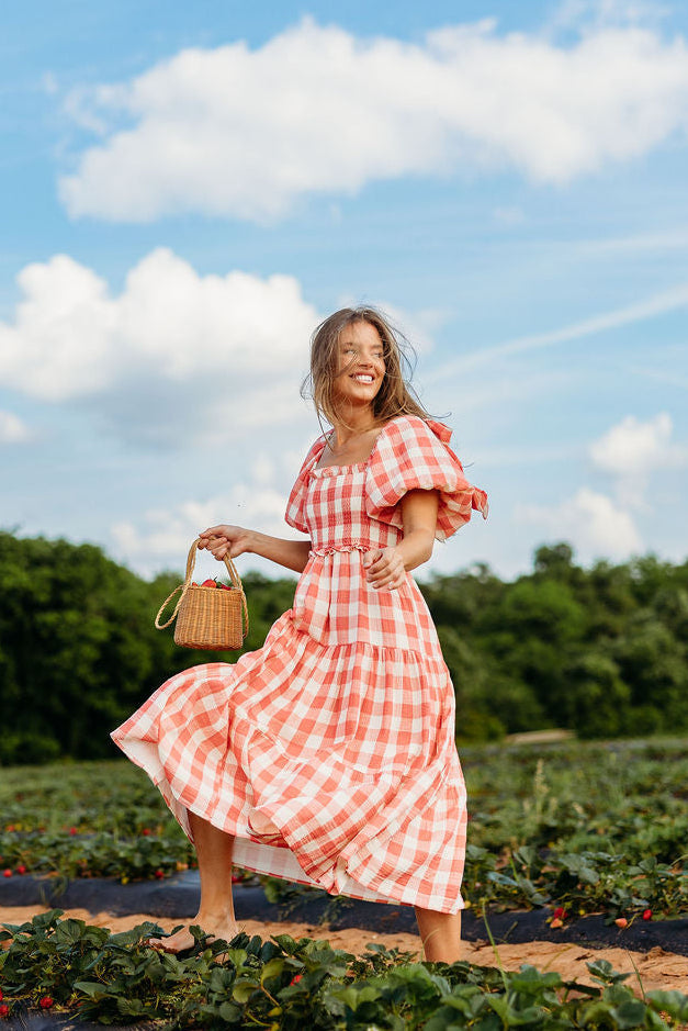 Elena 100% Cotton Gingham Midi Dress in Red - Bump Friendly