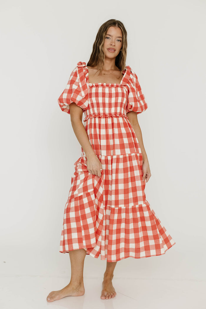 Elena 100% Cotton Gingham Midi Dress in Red - Bump Friendly