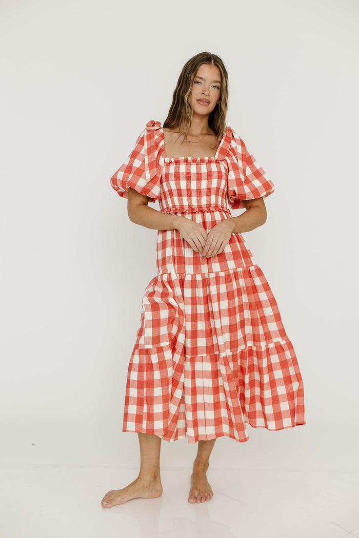 Elena 100% Cotton Gingham Midi Dress in Red - Bump Friendly