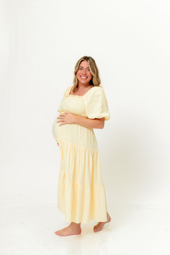 Elena 100% Cotton Midi Dress in Buttercream - Bump Friendly