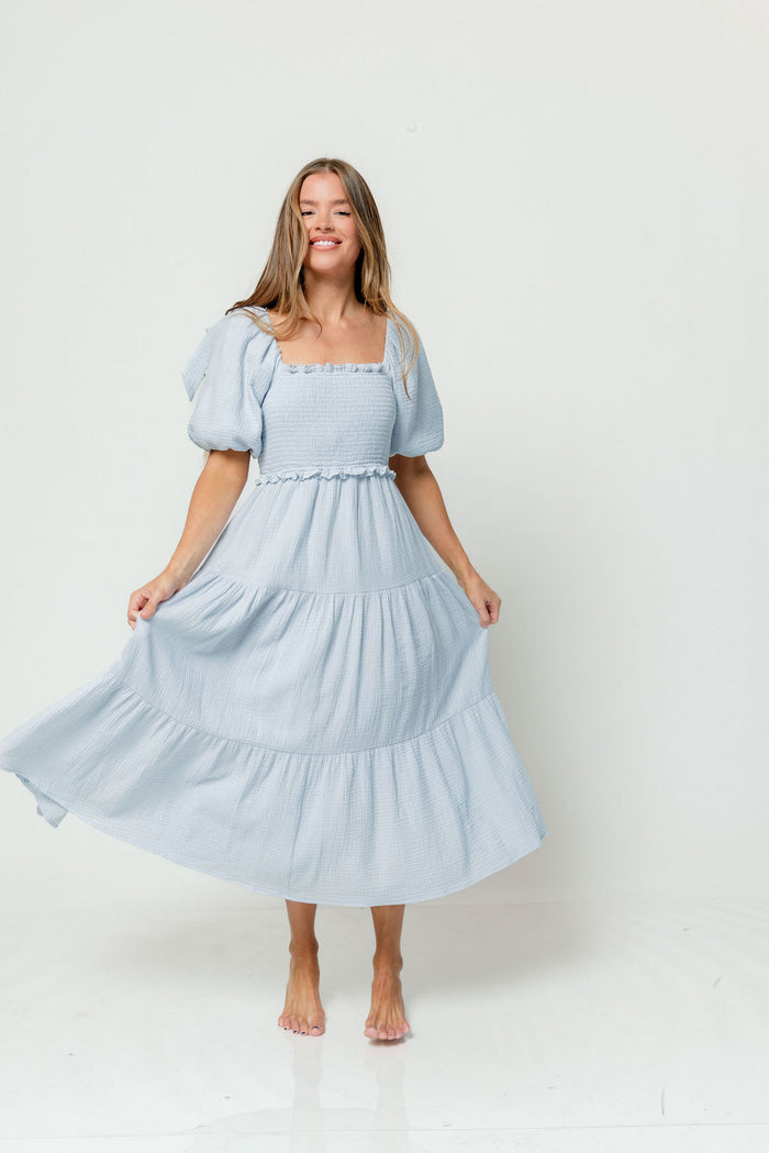 Elena 100% Cotton Midi Dress in Light Blue - Bump Friendly