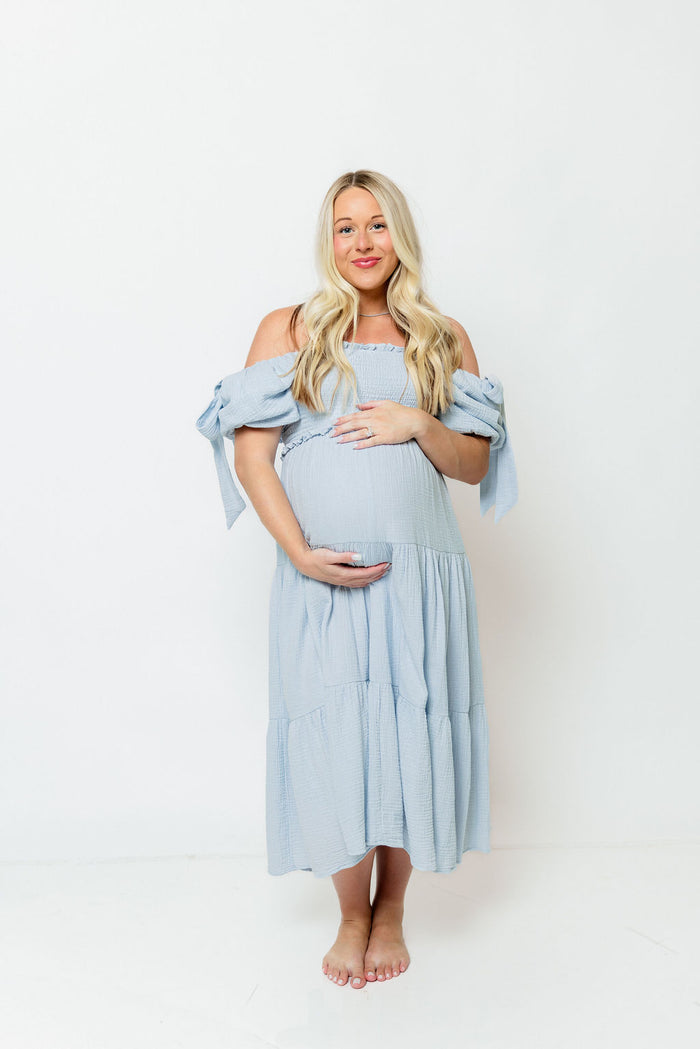 Elena 100% Cotton Midi Dress in Light Blue - Bump Friendly