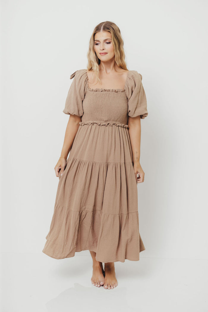 Elena 100% Cotton Midi Dress in Mocha - Bump Friendly & Inclusive Sizing