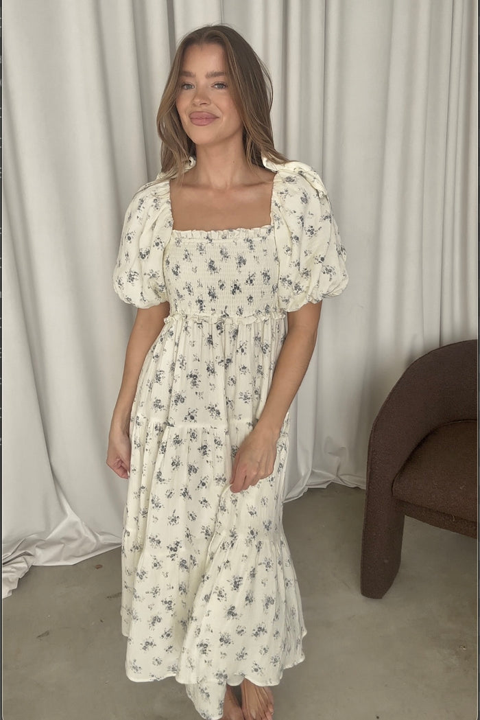 Elena 100% Cotton Midi Dress in Off White/Blue Floral - Bump Friendly