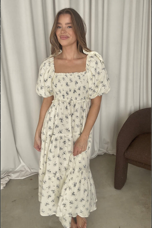 Elena 100% Cotton Midi Dress in Off White/Blue Floral - Bump Friendly