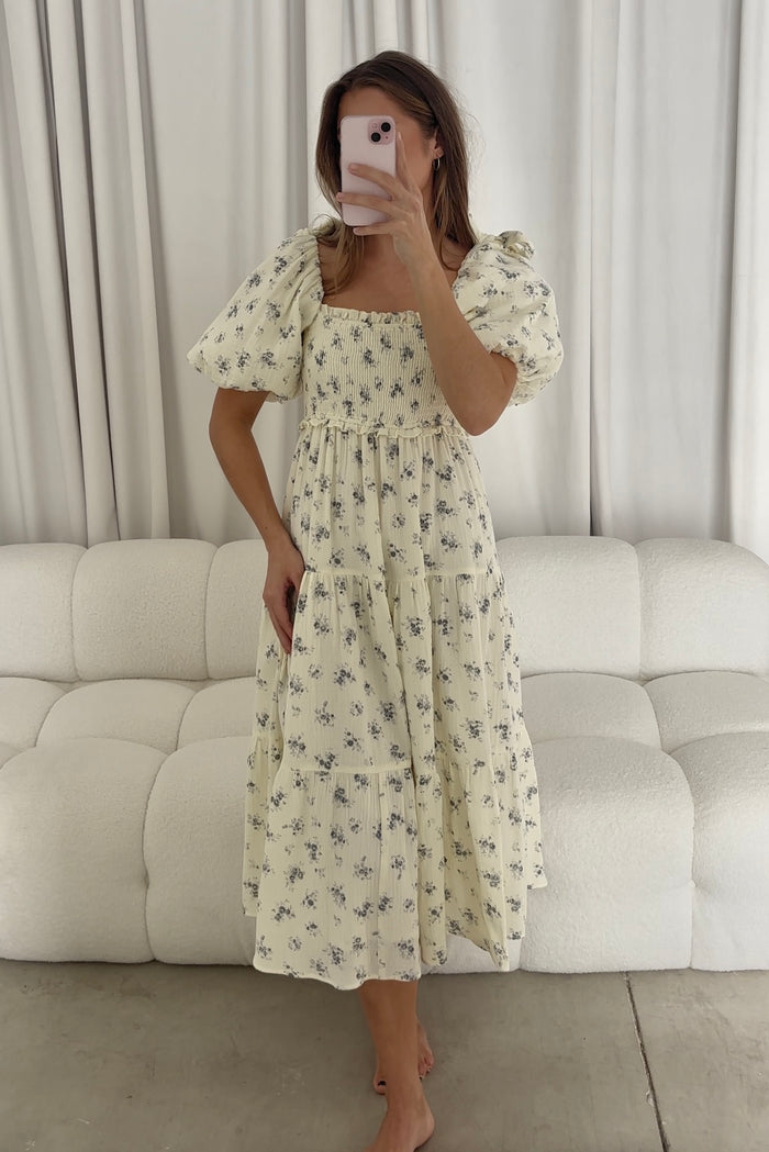 Elena 100% Cotton Midi Dress in Off White/Blue Floral - Bump Friendly