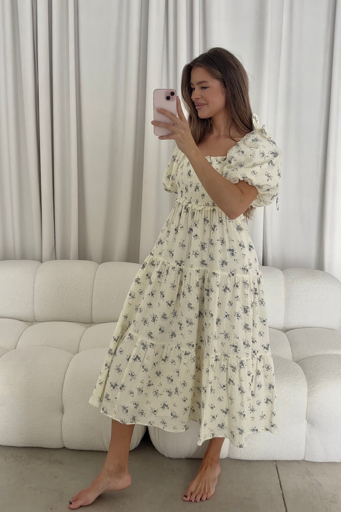 Elena 100% Cotton Midi Dress in Off White/Blue Floral - Bump Friendly