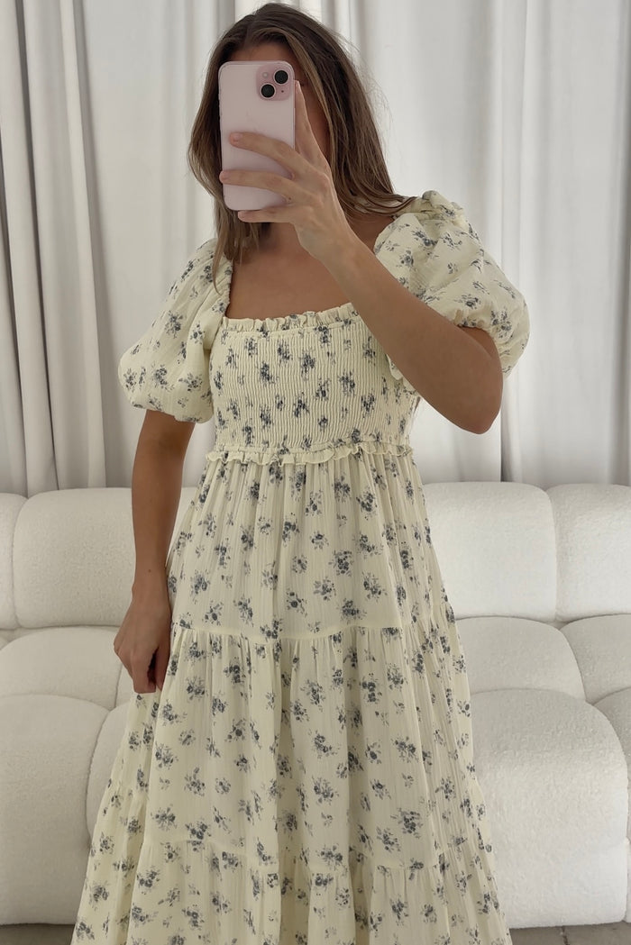 Elena 100% Cotton Midi Dress in Off White/Blue Floral - Bump Friendly