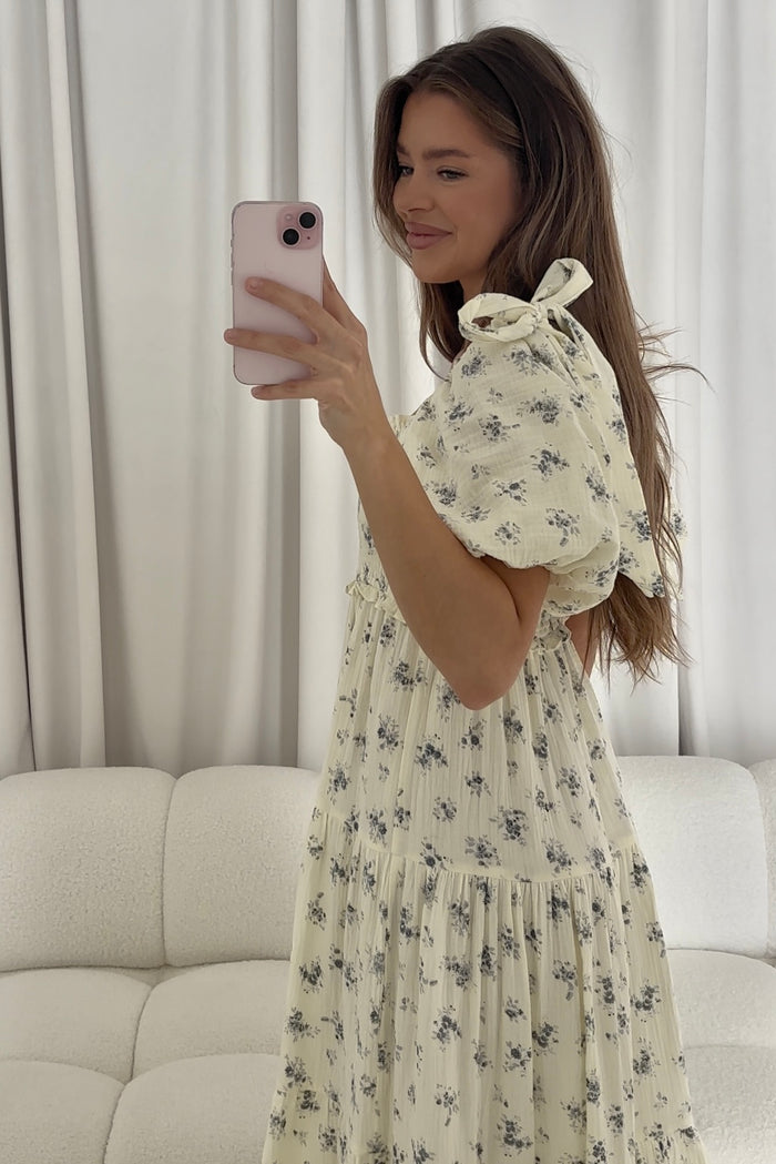 Elena 100% Cotton Midi Dress in Off White/Blue Floral - Bump Friendly