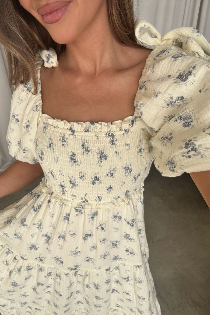 Elena 100% Cotton Midi Dress in Off White/Blue Floral - Bump Friendly