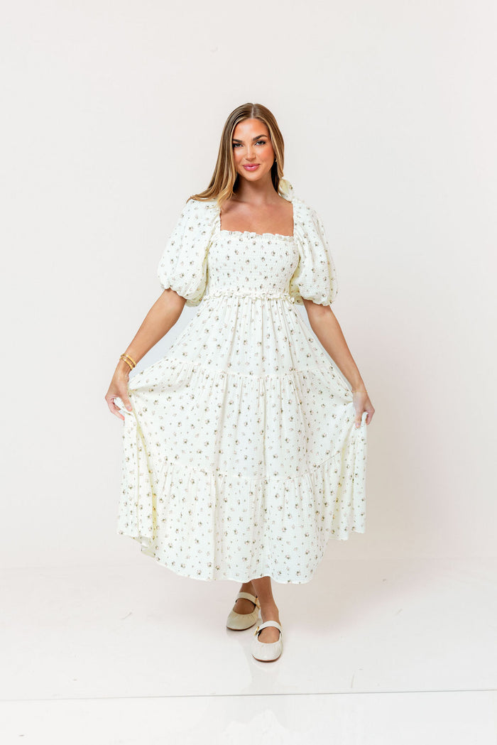 Elena 100% Cotton Midi Dress in Off-White/Pink Floral -Bump Friendly