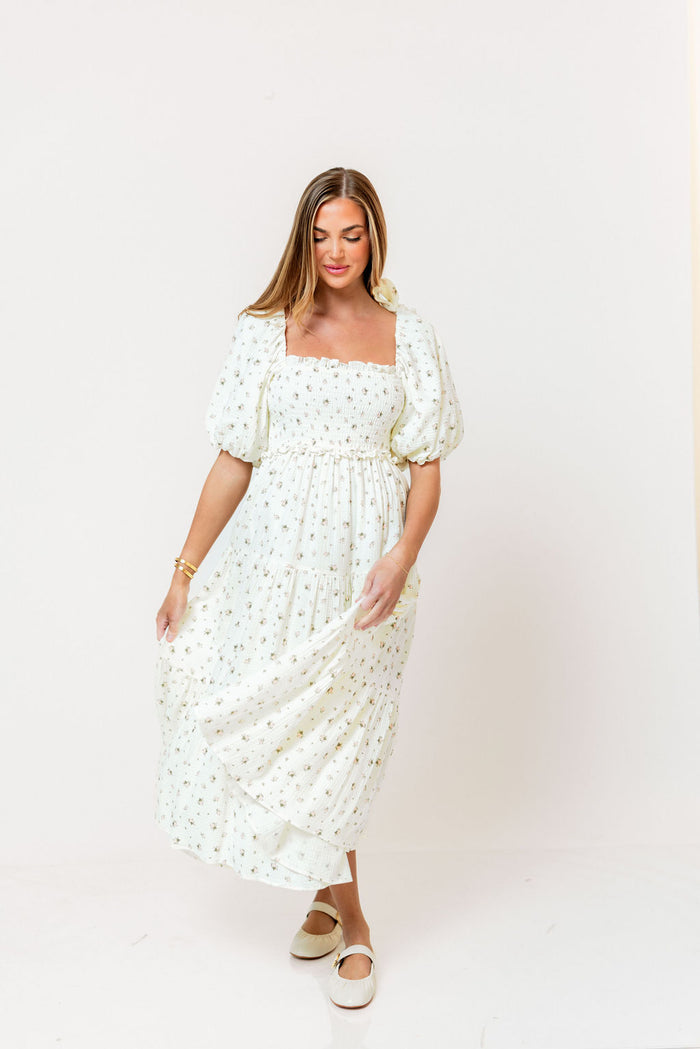 Elena 100% Cotton Midi Dress in Off-White/Pink Floral -Bump Friendly