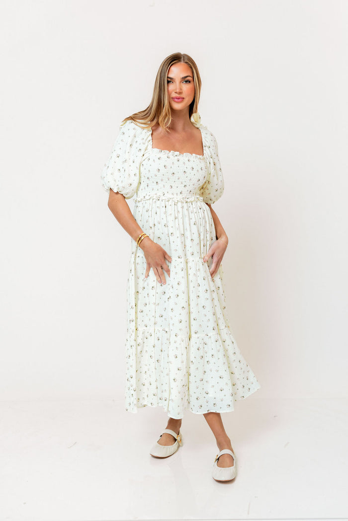 Elena 100% Cotton Midi Dress in Off-White/Pink Floral -Bump Friendly