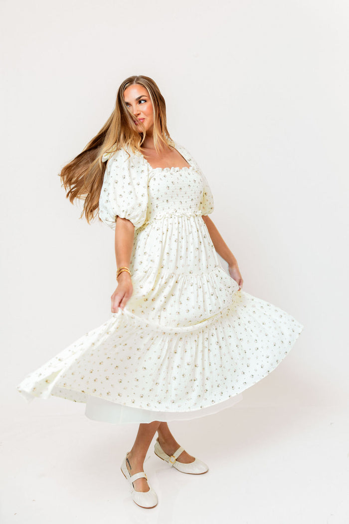 Elena 100% Cotton Midi Dress in Off-White/Pink Floral -Bump Friendly