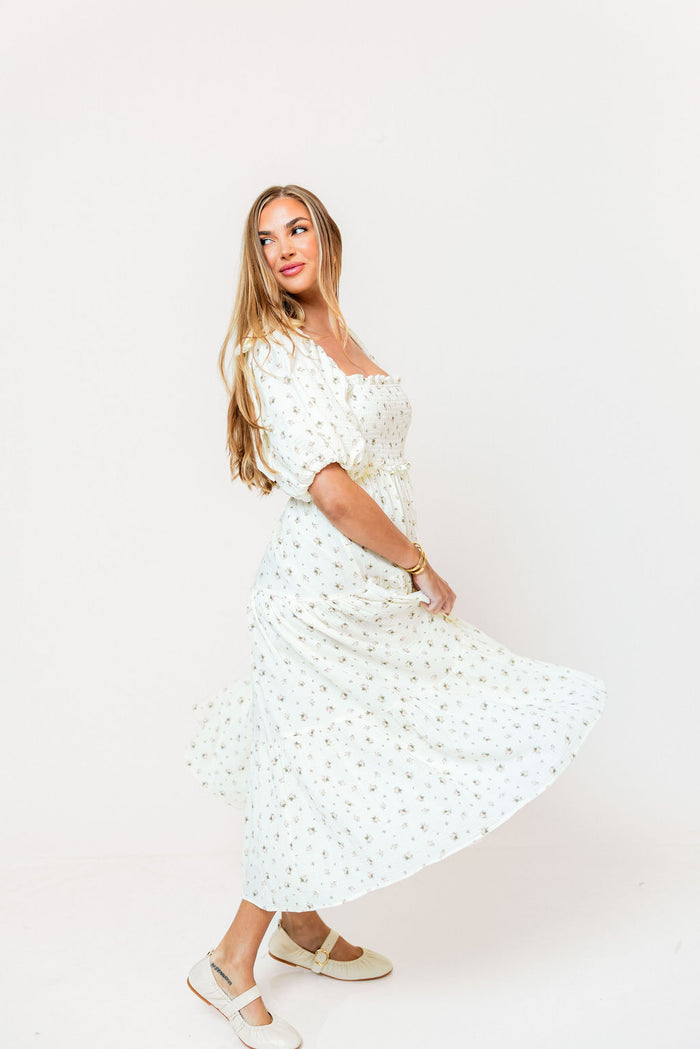 Elena 100% Cotton Midi Dress in Off-White/Pink Floral -Bump Friendly