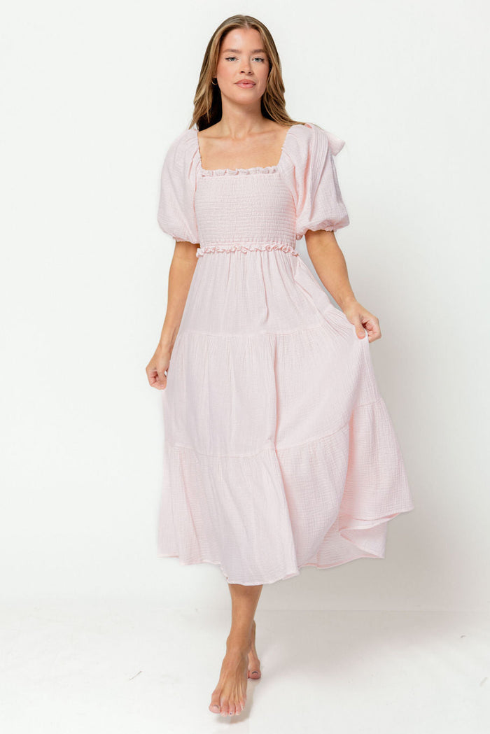 Elena 100% Cotton Midi Dress in Pale Pink - Bump Friendly