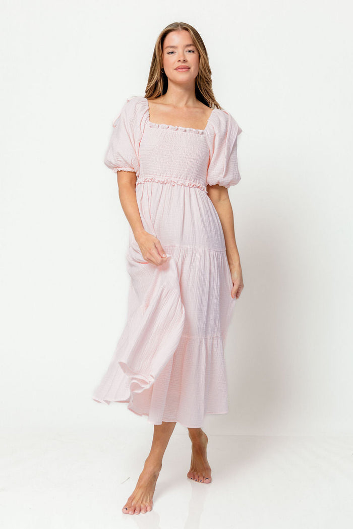 Elena 100% Cotton Midi Dress in Pale Pink - Bump Friendly
