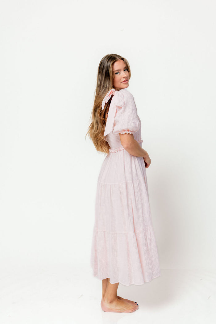 Elena 100% Cotton Midi Dress in Pale Pink - Bump Friendly