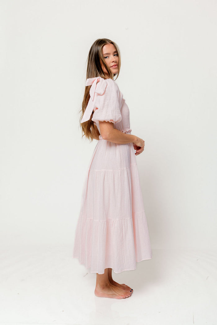 Elena 100% Cotton Midi Dress in Pale Pink - Bump Friendly