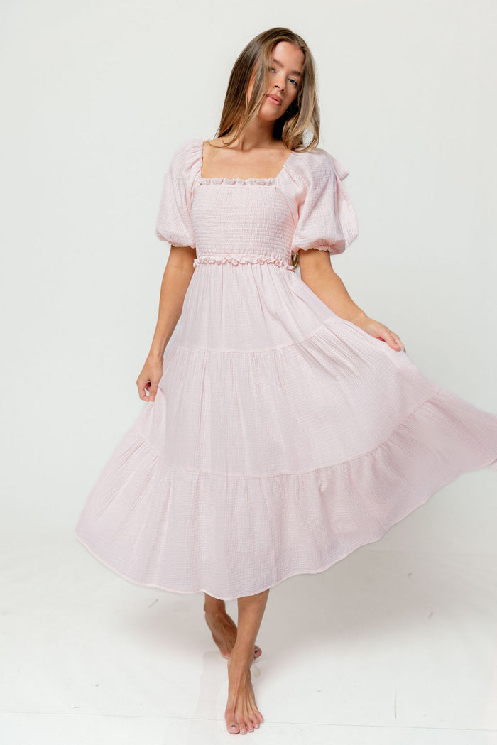 Elena 100% Cotton Midi Dress in Pale Pink - Bump Friendly