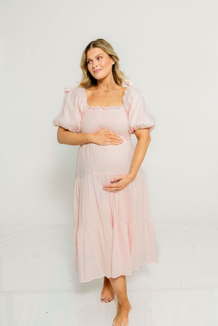 Elena 100% Cotton Midi Dress in Pale Pink - Bump Friendly