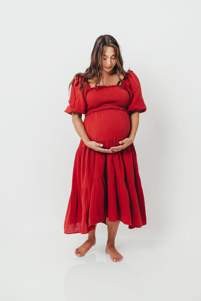 Elena 100% Cotton Midi Dress in Rust - Bump Friendly & Inclusive Sizing