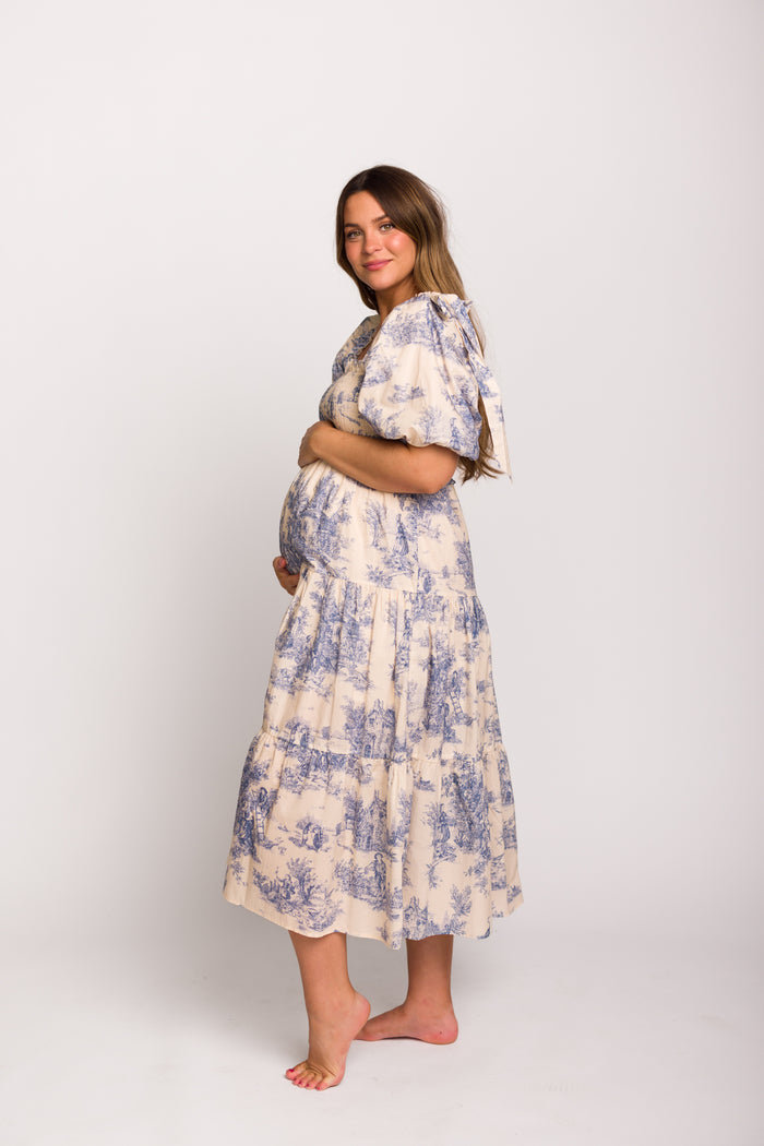 Elena 100% Cotton Toile Print Smocked Midi Dress in Blue - Bump Friendly & Inclusive Sizing