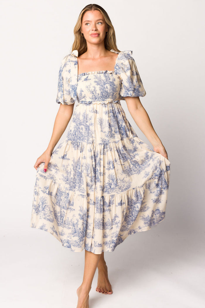 Elena 100% Cotton Toile Print Smocked Midi Dress in Blue - Bump Friendly & Inclusive Sizing