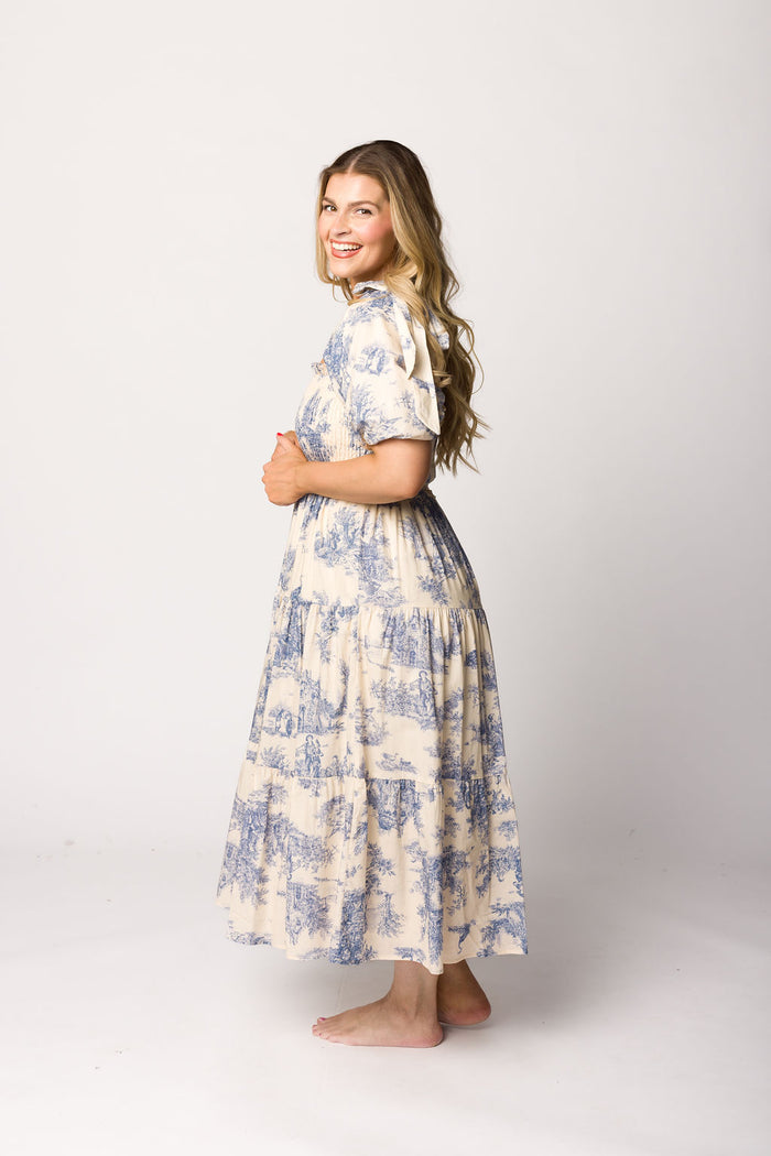 Elena 100% Cotton Toile Print Smocked Midi Dress in Blue - Bump Friendly & Inclusive Sizing