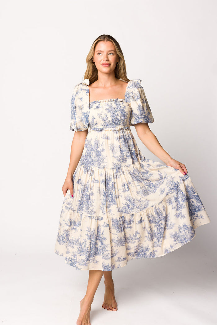 Elena 100% Cotton Toile Print Smocked Midi Dress in Blue - Bump Friendly & Inclusive Sizing