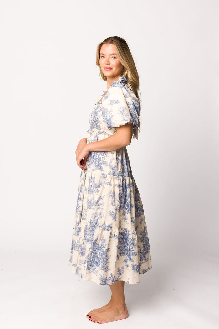 Elena 100% Cotton Toile Print Smocked Midi Dress in Blue - Bump Friendly & Inclusive Sizing