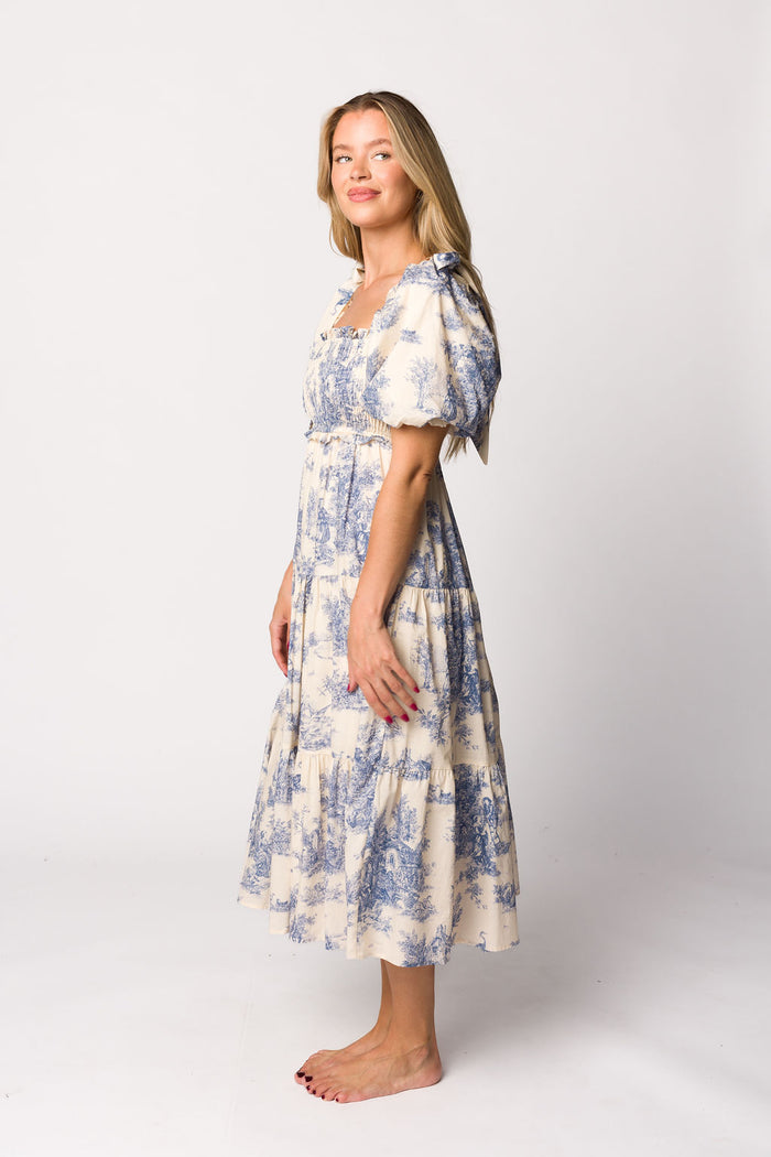 Elena 100% Cotton Toile Print Smocked Midi Dress in Blue - Bump Friendly & Inclusive Sizing