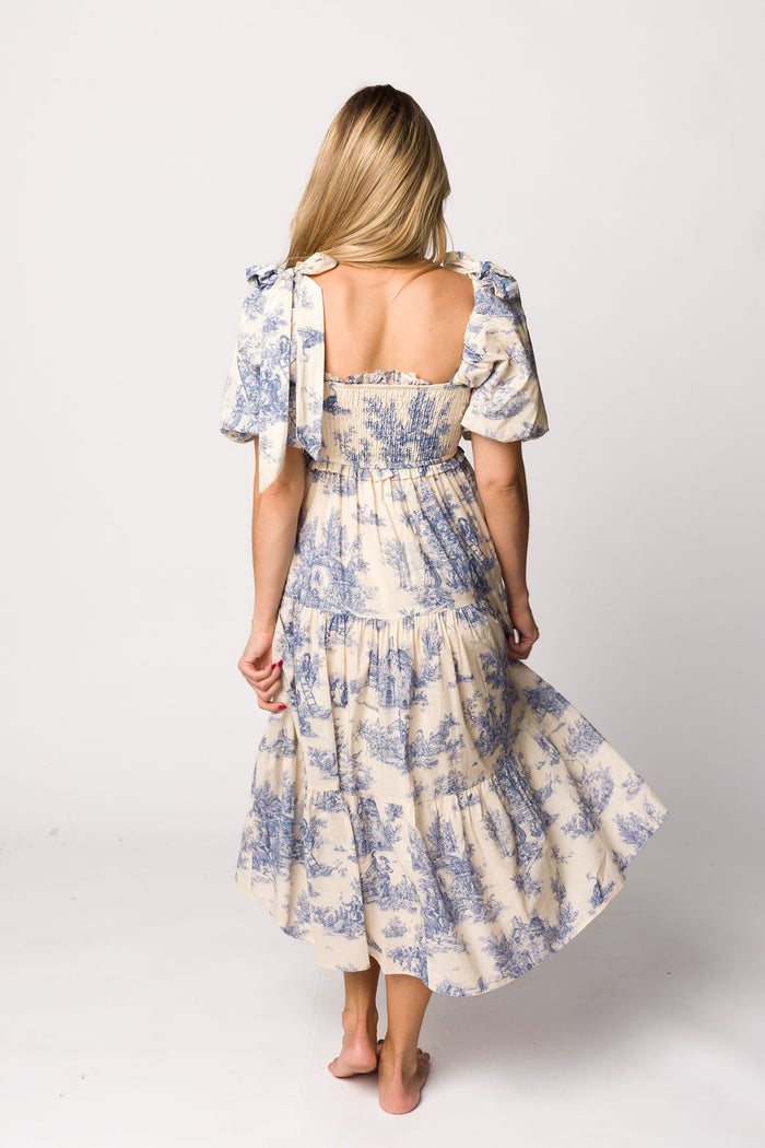 Elena 100% Cotton Toile Print Smocked Midi Dress in Blue - Bump Friendly & Inclusive Sizing