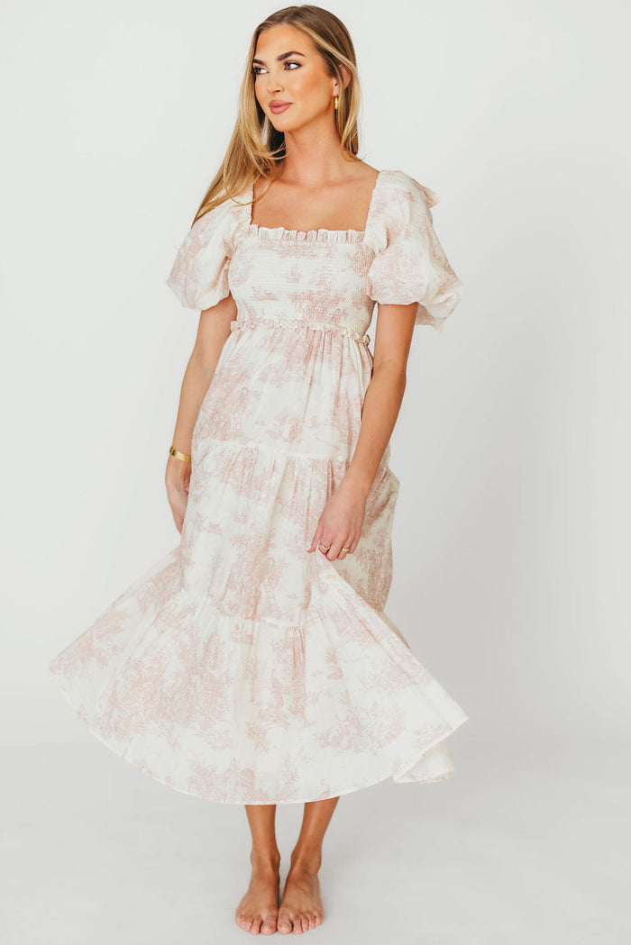 Elena 100% Cotton Toile Print Smocked Midi Dress in Pink - Bump Friendly & Inclusive Sizing