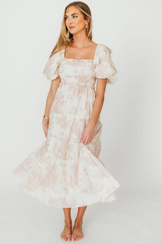 Elena 100% Cotton Toile Print Smocked Midi Dress in Pink - Bump Friendly & Inclusive Sizing