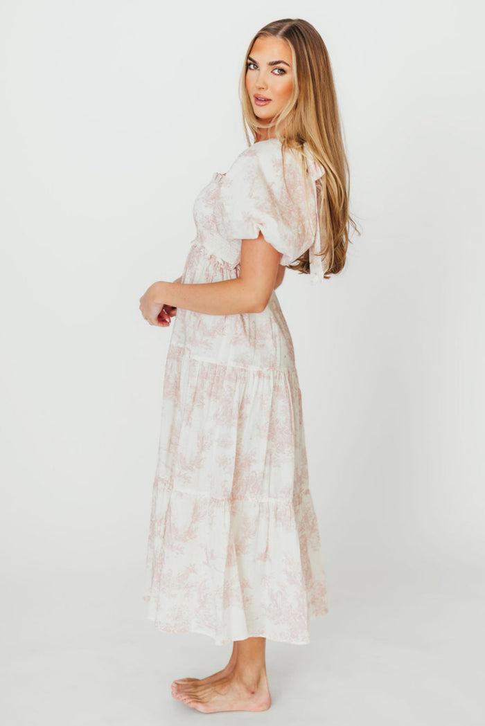 Elena 100% Cotton Toile Print Smocked Midi Dress in Pink - Bump Friendly & Inclusive Sizing