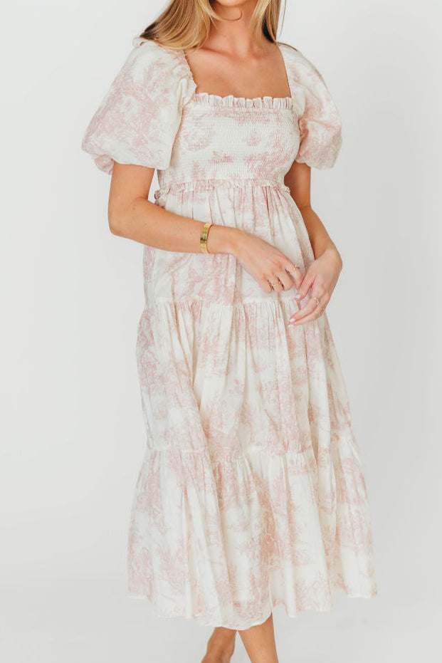 Elena 100% Cotton Toile Print Smocked Midi Dress in Pink - Bump Friendly & Inclusive Sizing