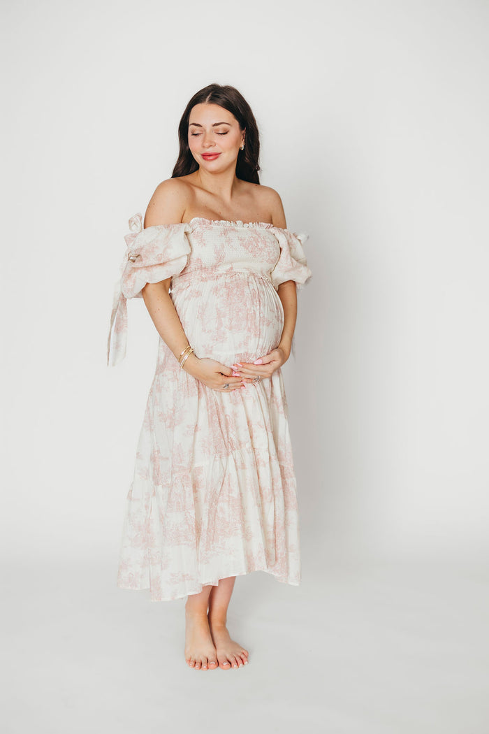 Elena 100% Cotton Toile Print Smocked Midi Dress in Pink - Bump Friendly & Inclusive Sizing