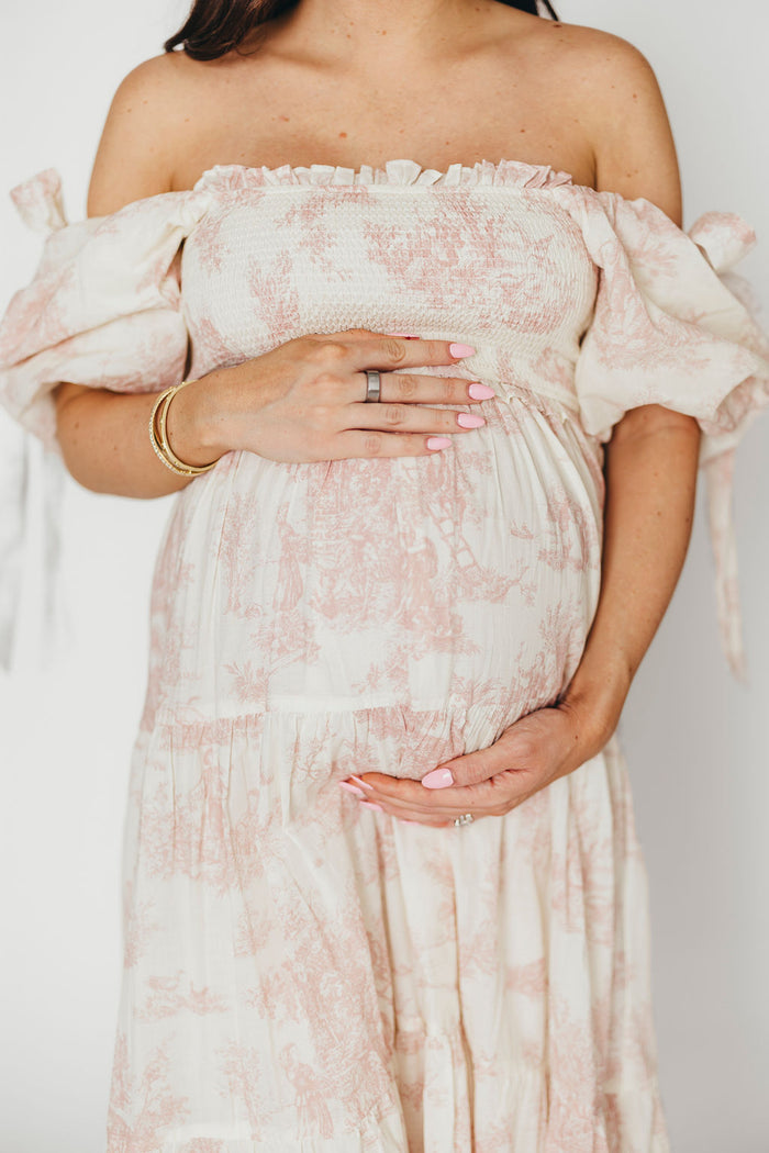 Elena 100% Cotton Toile Print Smocked Midi Dress in Pink - Bump Friendly & Inclusive Sizing