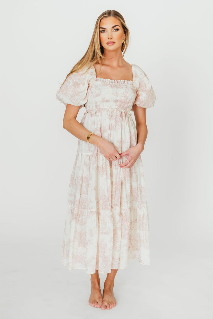 Elena 100% Cotton Toile Print Smocked Midi Dress in Pink - Bump Friendly & Inclusive Sizing
