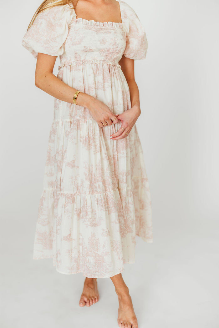 Elena 100% Cotton Toile Print Smocked Midi Dress in Pink - Bump Friendly & Inclusive Sizing